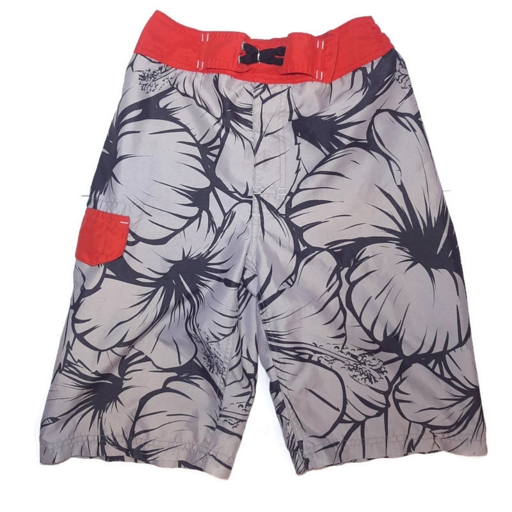 💠GEORGE Floral Cargo Swim Trunks Bathing Suit Gray Orange Boys 10 12 Medium